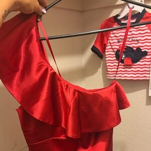 One-Shoulder Red Ruffle Satin Dress